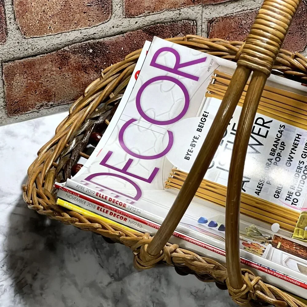 Vintage Gathering Basket With Wooden Beads | Wicker Magazine RacK | Towel Basket